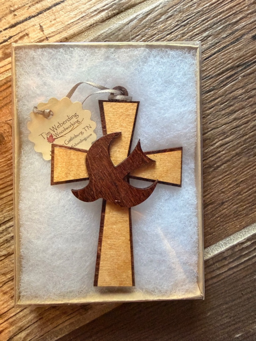 Tim Weberding Woodworking Two-Tone Wooden Cross Ornament with Dove